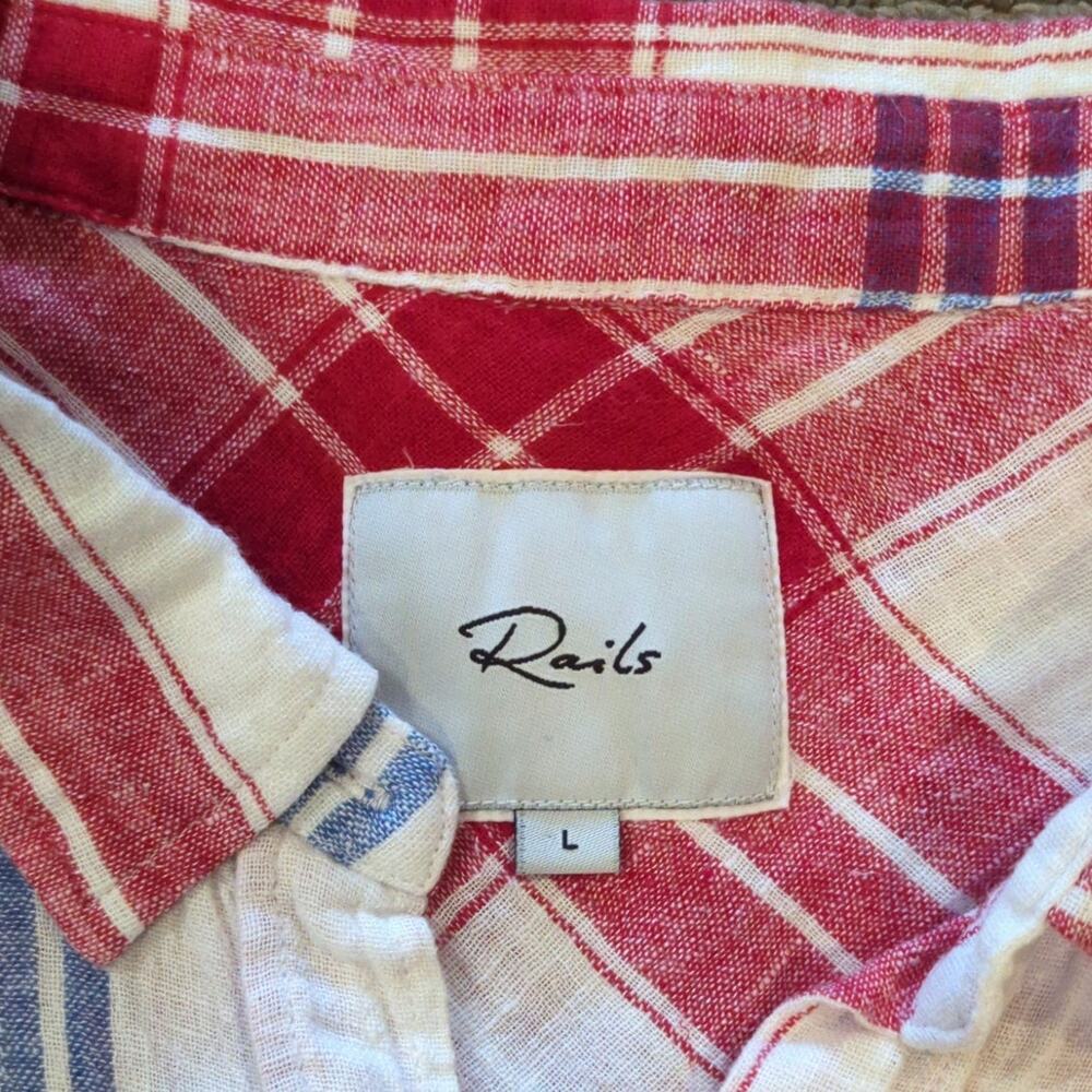 Rails Womens Linen Blend Top Size Large Red Blue Plaid Front Tie Button Front - Picture 5 of 8